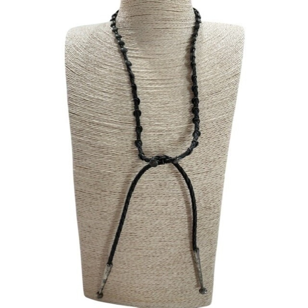 Vintage Black Braided Leather Bolo Tie Necklace Sterling Silver Concho Studs